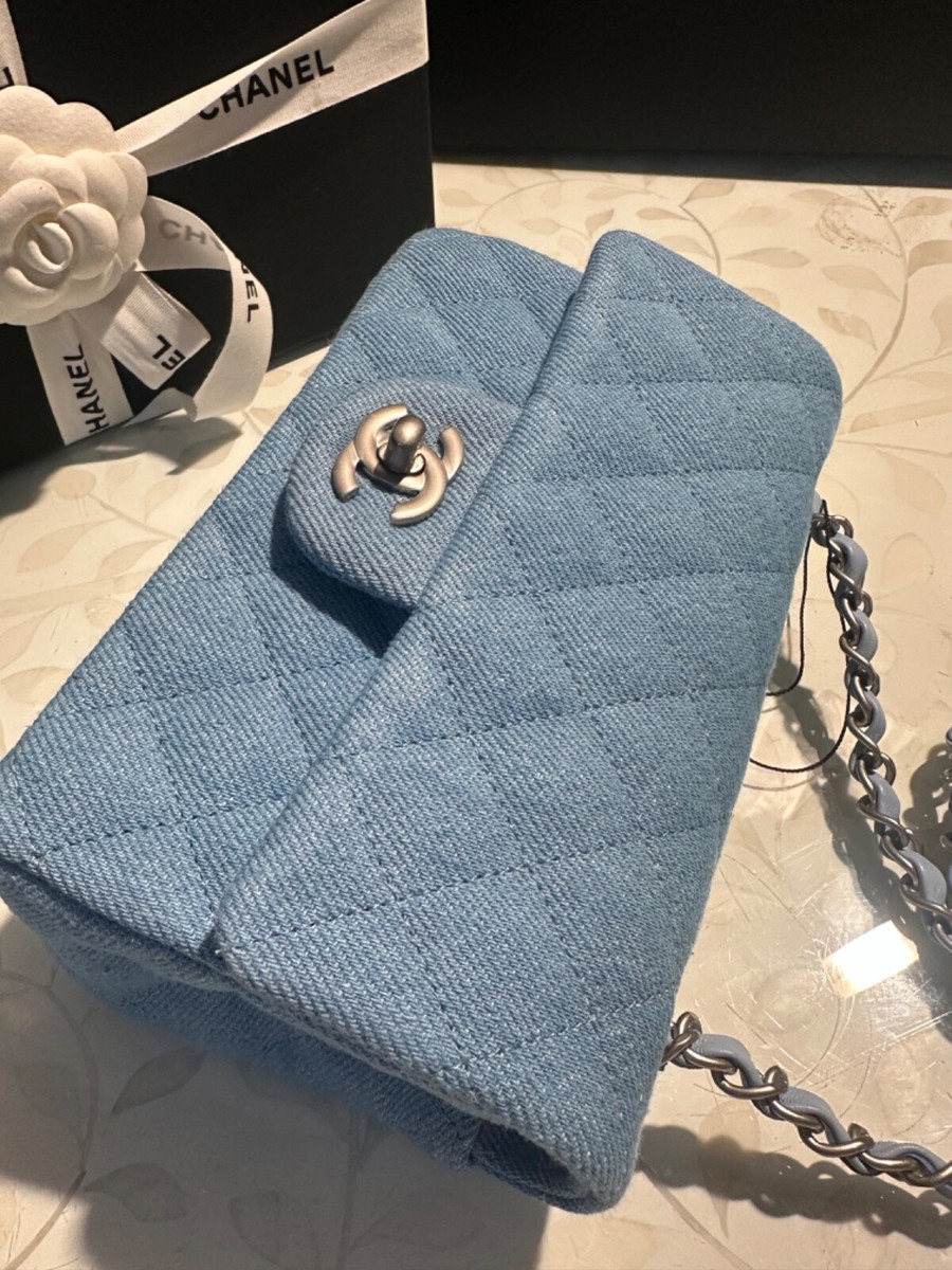 New 25C CHANEL Mini Light Blue Denim Rectangular Silver  CHANEL Hand Bag Denim Light Blue Silver CC Auth 126457 main image 0