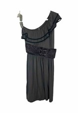 Mitto To The Word One Shoulder Ruffle Dress Gray Built In Woven Belt USA Made