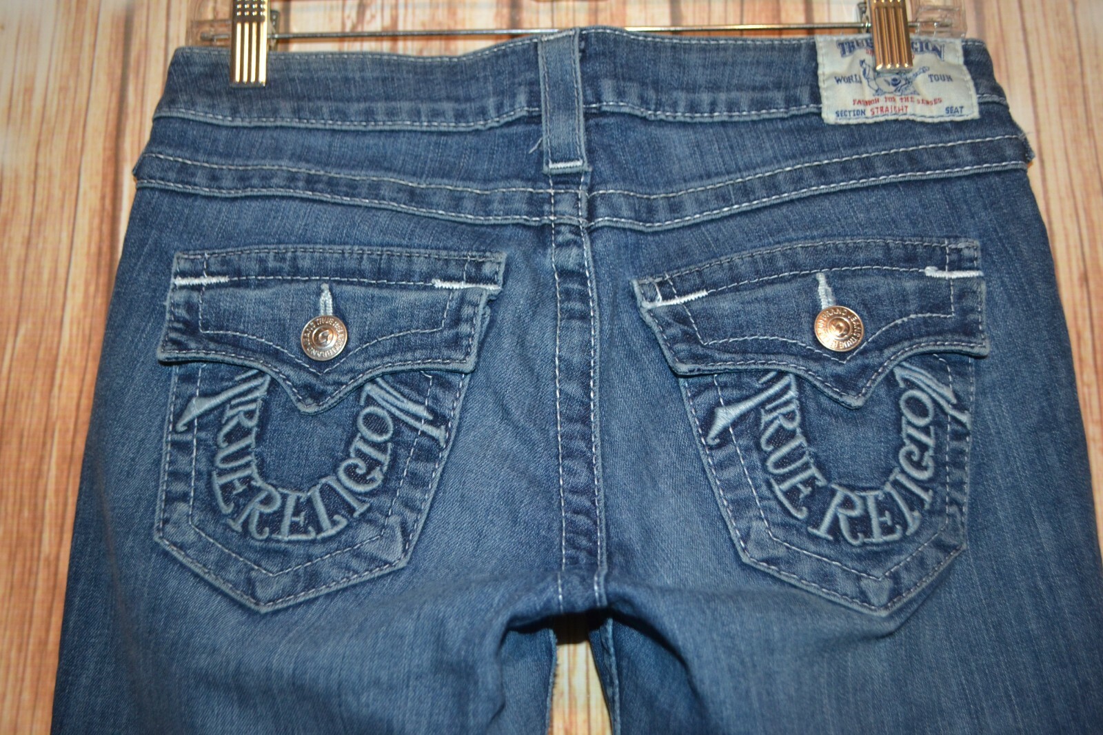 True Religion Women's Straight Embroidered Logo Pocket Flaps Blue Jeans Sz 28x34 thumbnail 7