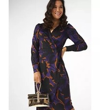 Kim & Co Printed Faux Wrap Dress with Blouson Sleeves Purple Multi Size 2XL