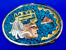 Aztec King Mixed Metals Indigenous Native Turquoise Chip Inlay Belt Buckle