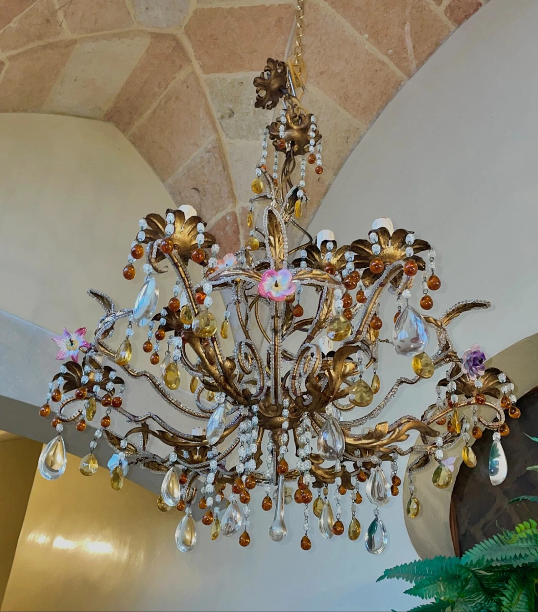 Chandelier 9 Lights Bronze Golden Crystal Rock Glass Of North Italy
