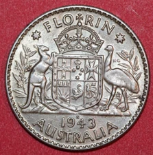 Australia 1943 S Florin National Arms, King George V, Silver-Foreign Coin 28.5mm