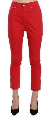 DONDUP Pants Red High Waist Slim Fit Cropped Women Casual Trouser W26 RRP $540
