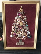 AWESOME Assemblage Vintage Jewelry Art Collage Christmas Tree framed 20.5 x 14.5