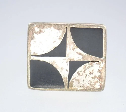 Fab Big Heavy Vintage Estate Modernist Silver Tone Geometric Black Enamel Ring 7