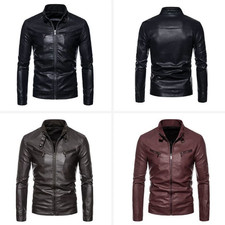 Men's Stand Collar Faux Leather Jacket Motorcycle Coat Casual PU Outerwear Gift