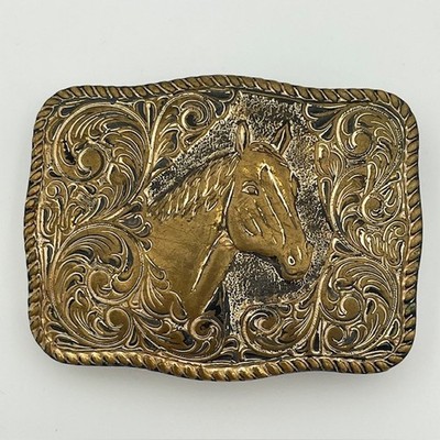 VTG Crumrine El Arturo Belt Buckle Gold Tone Bronze Western Horse Cowboy USA