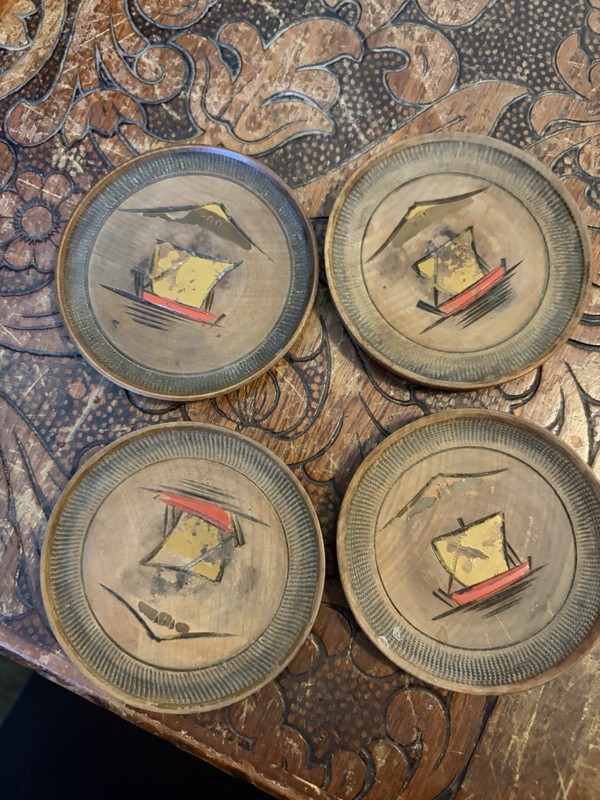 Vintage Japanese hand-carved wood coaster set with sailboat motif