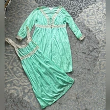 Vintage Moodsetter Nylon & Lace Nightgown and Robe Set Green Large