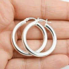 4mm x 30mm Round Plain Shiny Hoop Earrings Sterling Silver