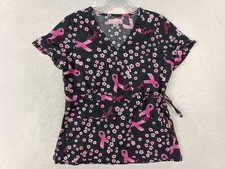 Koi Unisex Size S Pink Ribbon Hope Love Print V-Neck Scrub Top