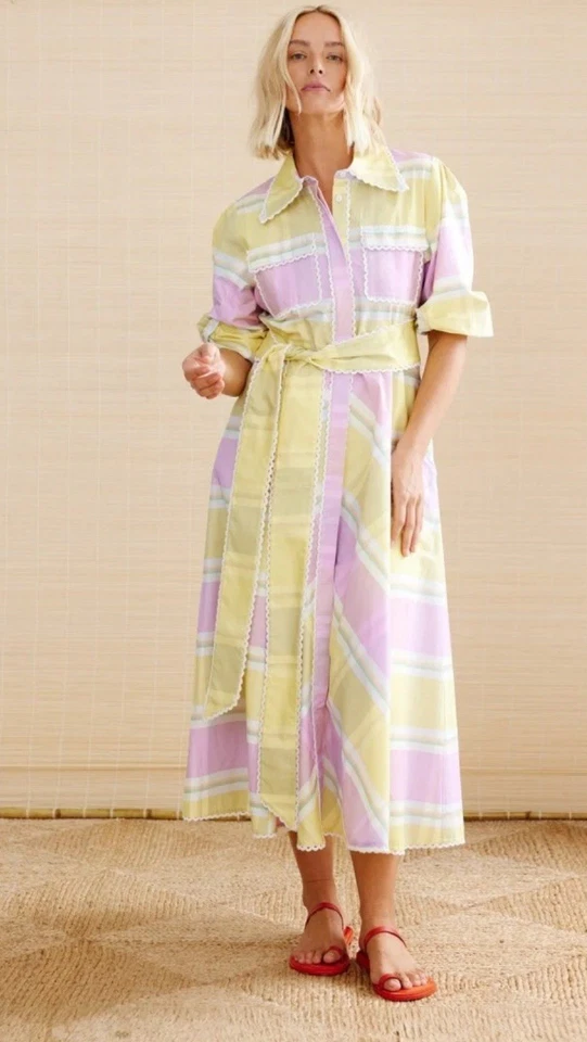 Binny Roller Dress Sz AU-UK 12 US 6 Pastel Pink Lemon Check Long Sleeve Maxi - image 3 of 4