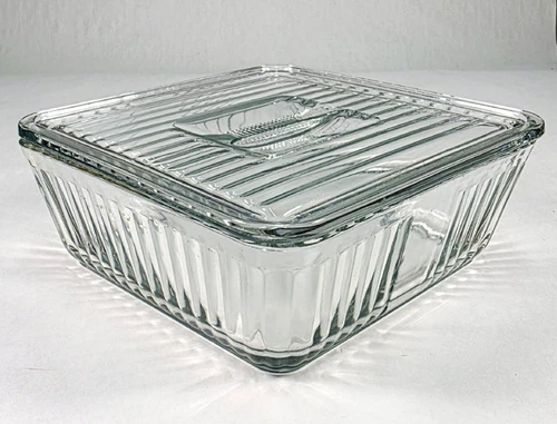 Vintage Anchor Hocking 1932 Design Ribbed 9 x 9 Refrigerator Baking Dish w/ Lid