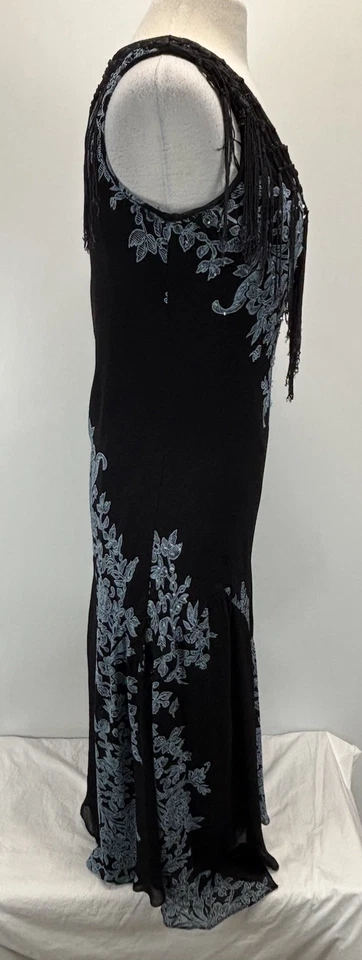 Винтажный Y2K скольжения макси платье маленький черный цветочный бахрома бисером Whimsigoth фея - Изображение 4 из 4