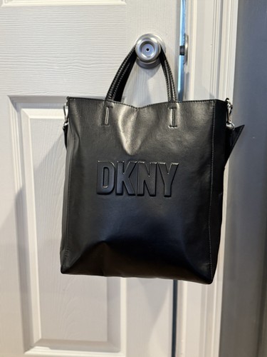 DKNY Black Faux Leather Crossbody Tote Bag With Adjustable Strap & Inner Pocket