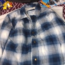 OLD NAVY Sherpa-Lined Blue White Plaid Button Mid-Length Jacket Boys XL 14-16