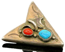 NAVAJO 925 Sterling Silver  Vintage Turquoise & Coral Shirt Collar  TR2281
