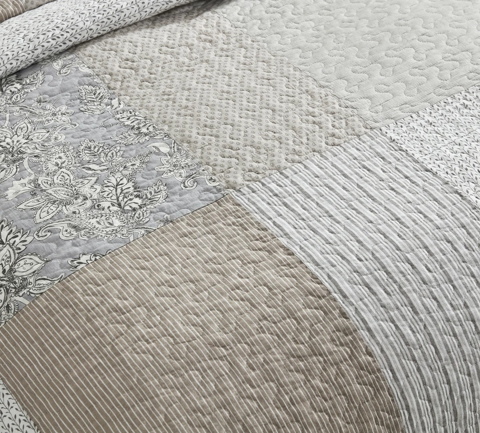 Taupe Gray Hibiscus Patchwork Quilt Set Pre-Washed Cotton Bedspread Coverlet Set - Image 3 of 4