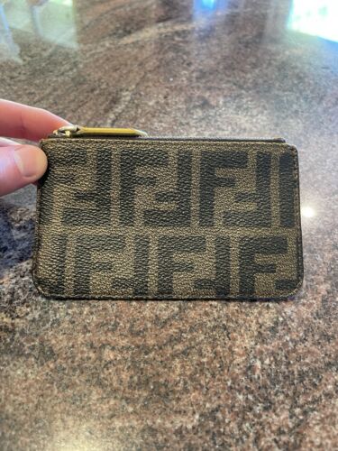 Women’s Fendi FF Monogram Coin Wallet Holder Zip Pouch Brown Coated Canvas