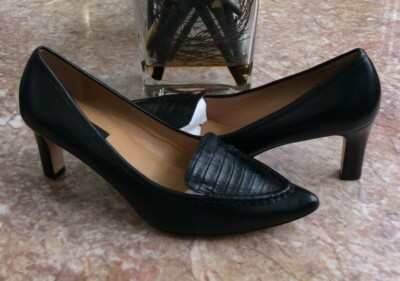 New Ann Taylor Black Leather Croc Vamp Heel Loafer Style Pump Size 7M, MSRP $138