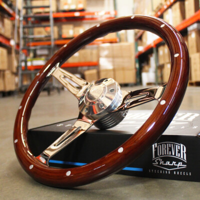 14 Slotted 3-Spoke Steering Wheel - Dark Wood Riveted Grip, 6