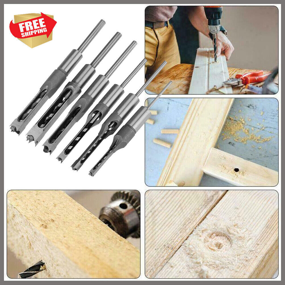 6Pcs Square Hole Saw Auger Drill Bit Mortising Chisel Woodworking 6.35