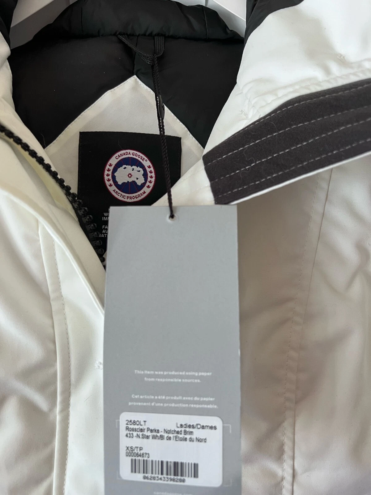 Cappuccio originale nuovo con etichette Canada Goose Rossclair Parka Heritage bianco XS