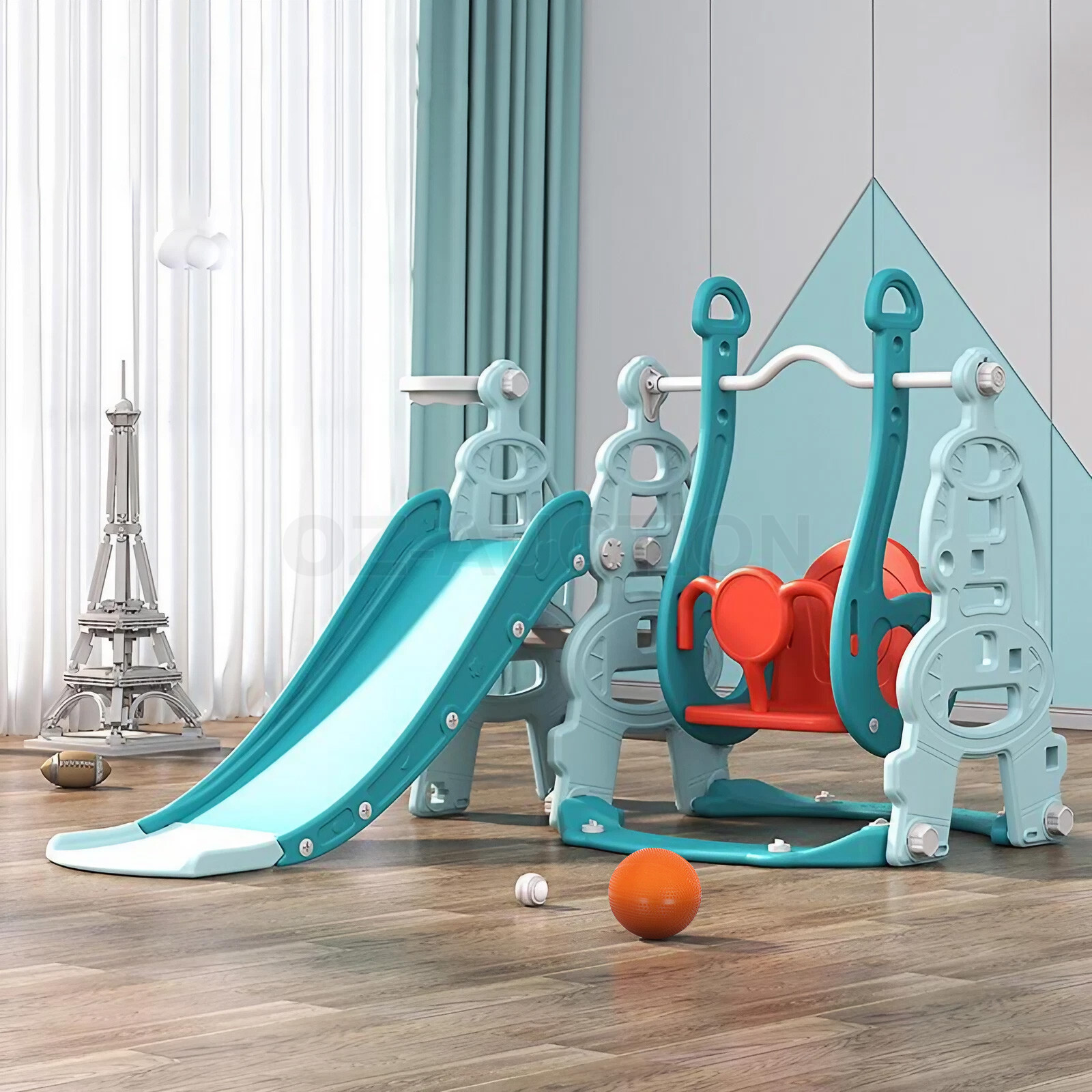 4 In 1 Slide Swing Set Freestanding Basketball Outdoor Playset