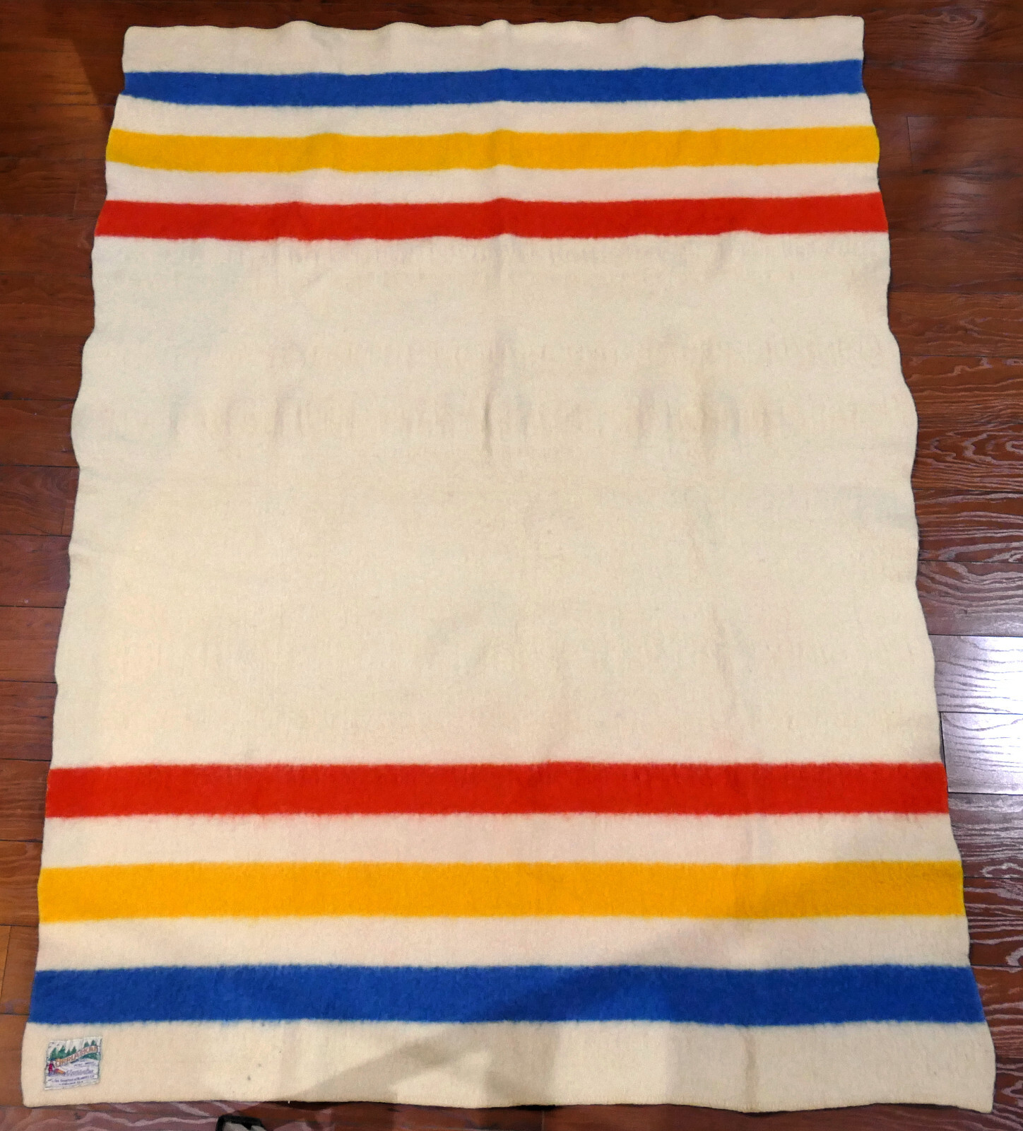 Vintage Orrlaskan 100 Wool Felt Red Blue Yellow Striped Blanket 75" x