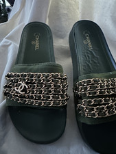 Chanel Gold-tone Chains Olive Green Slides Si...