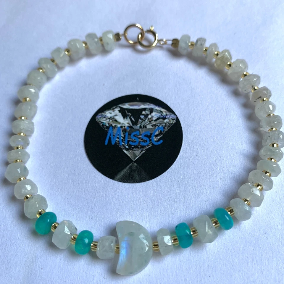 9CT GOLD RAINBOW MOONSTONE AND FIRE OPAL BRACELET, HANDMADE IN UK — 第 4/4 张图片