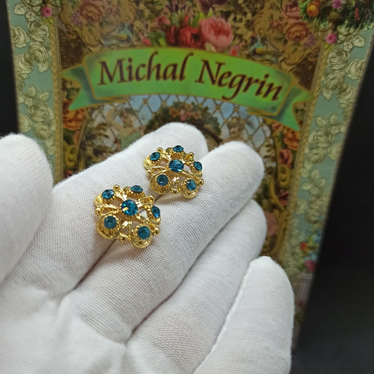 Michal Negrin Flower Earrings Large Post Gold Plated and Blue