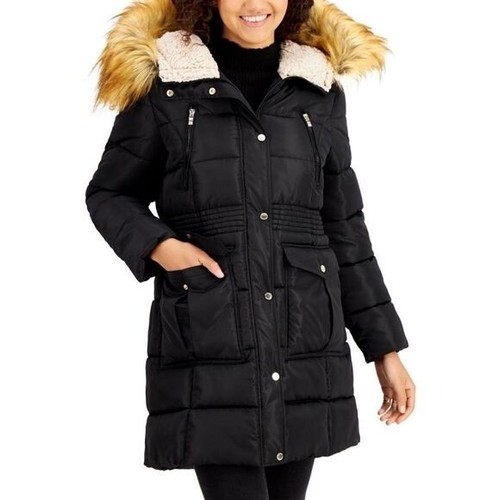 Steve Madden Juniors Faux-Fur-Trim Hooded Black Puffer Coat Small NWT - 第 2/10 張圖片
