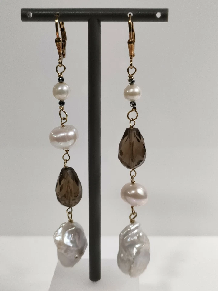 Orecchini Pendenti donna Argento 925 pietre naturali quarzo fumé perle coltiva - Immagine 3 di 3