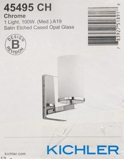 KICHLER Crosby Chrome Bathroom Wall Sconce Light w Satin Etched Opal Glass Shade