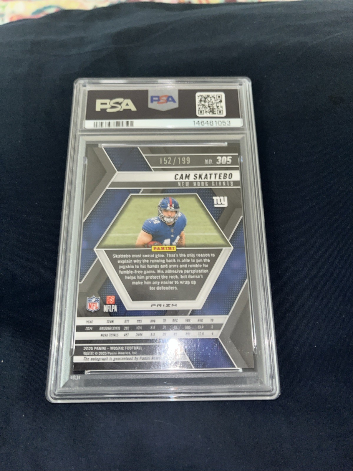 2025 Mosaic Cam Skattebo Autograph-Red RC/199 PSA 10 view 2
