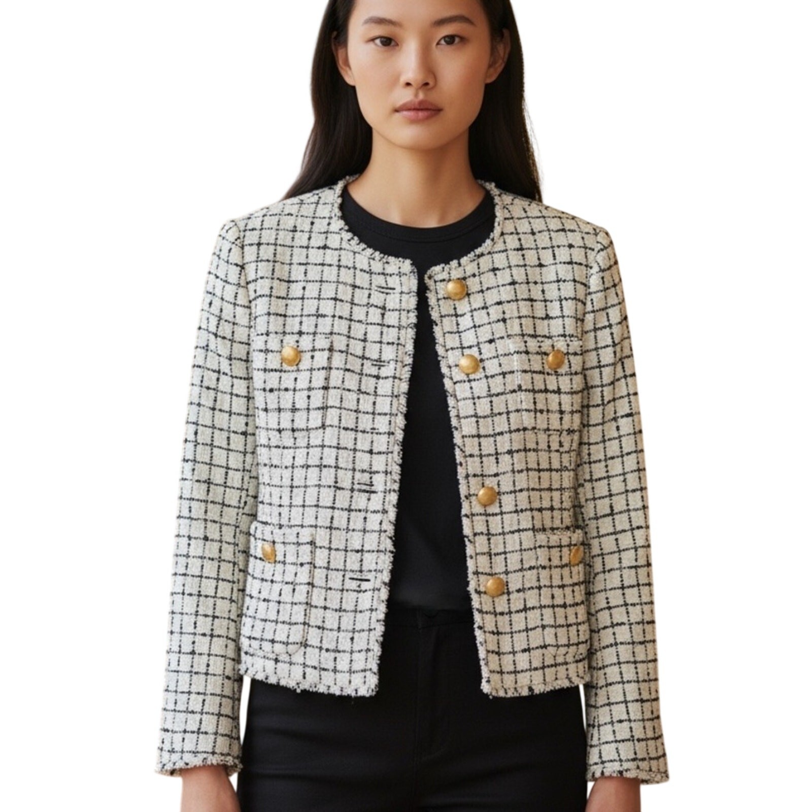Ann Taylor White Plaid Fringe Tweed Blazer Gold Buttons NWOT Sz 12