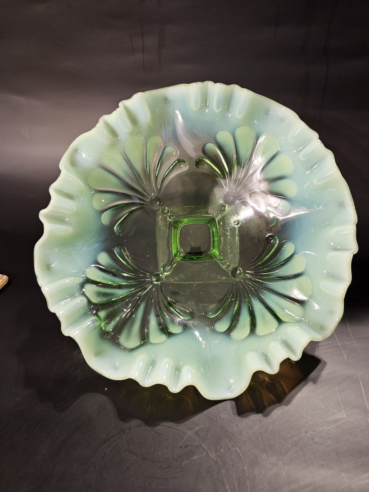 Antique Jefferson Green Opalescent Beaded Fan Glass Bowl with Square Base 1905