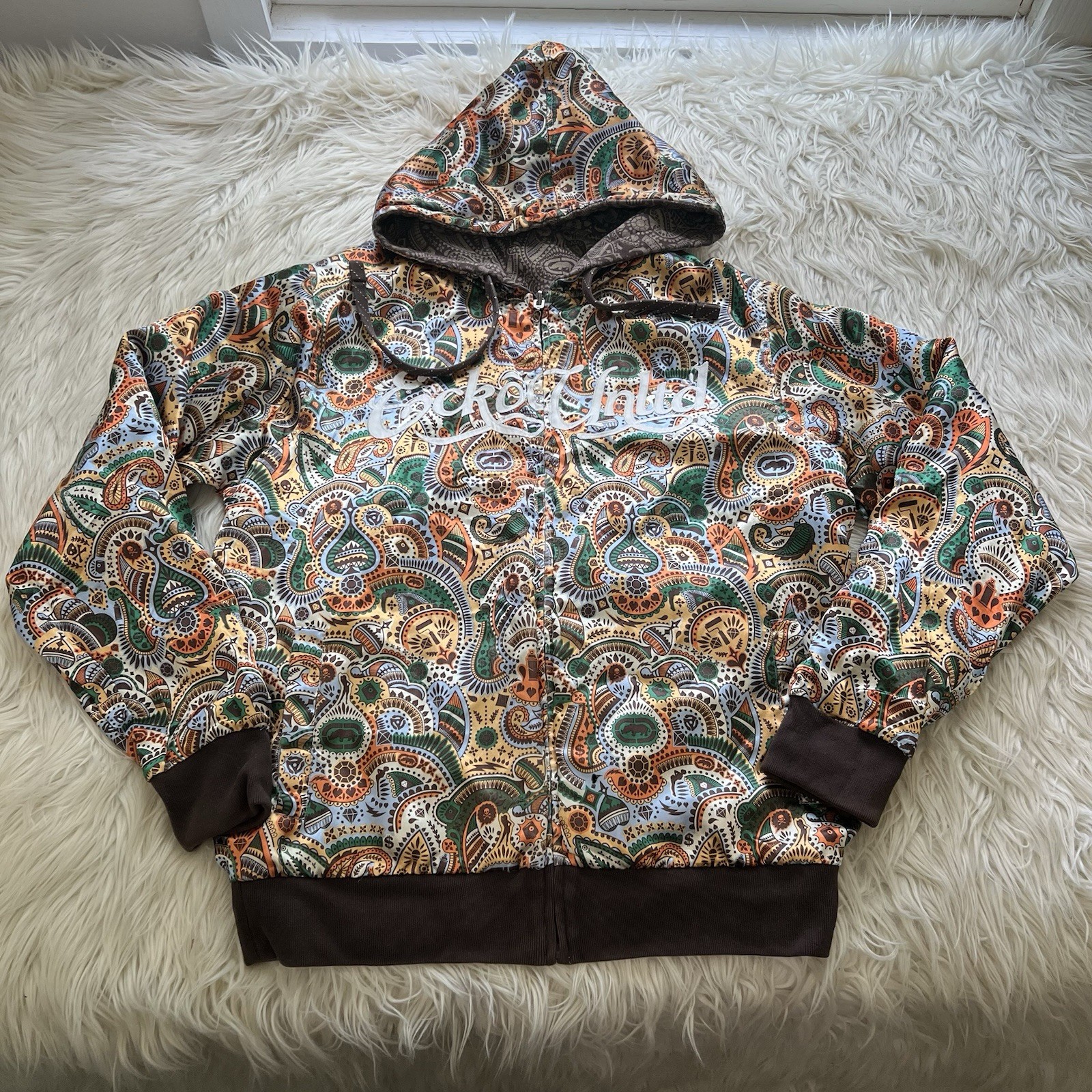 VINTAGE 90s Ecko Unltd Hoodie Reversible Satin AOP Graphic Skateboarding Men’s M