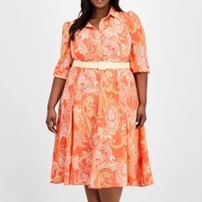 Tahari ASL Paisley Belted Fit & Flare Button Up Shirt Dress Womens Size 16W NWT