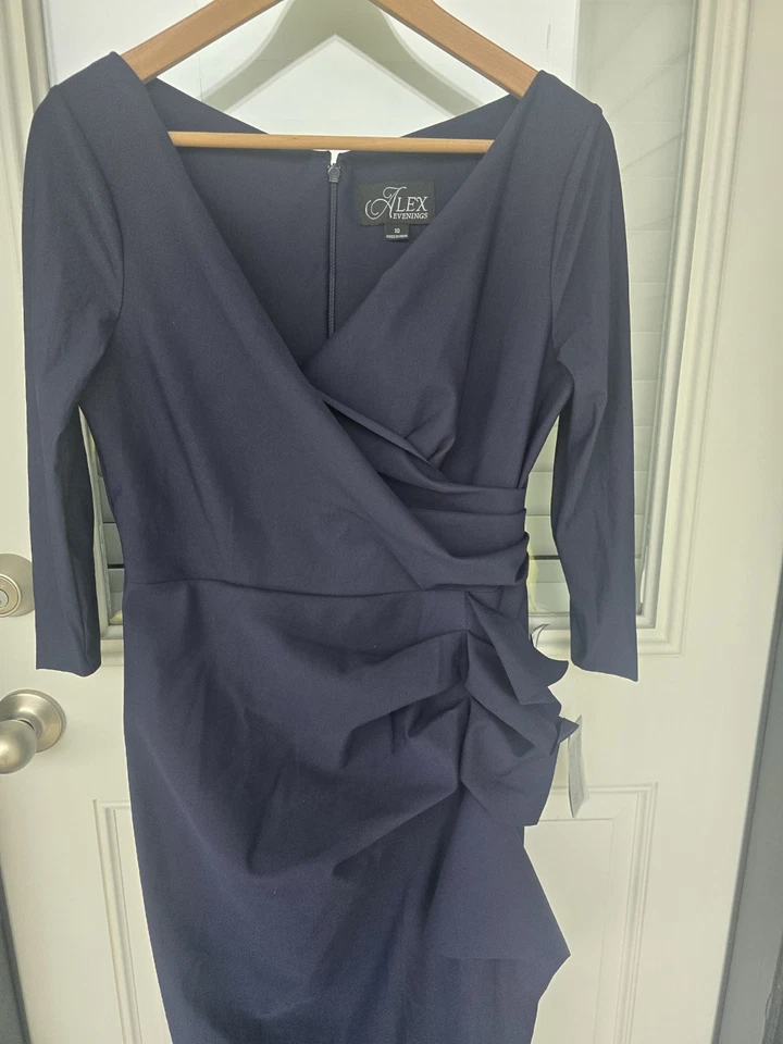 Vestido Alex Evenings Compresión Sobrepelliz Drapeado Manga 3/4 Talla 10 Azul Noche Foto 4 de 4