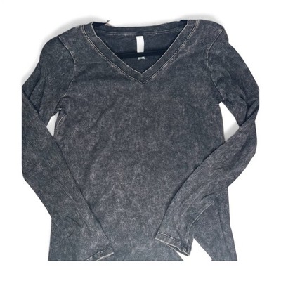 Women Zenana Mineral Wash Long Sleeve V Neck Top - Soft Stretch Cotton Blend NWT