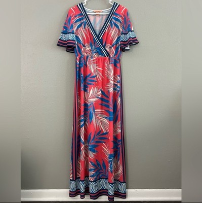 Flying Tomato Maxi Dress Size M Tropical Palm Leaf Floral Hawaiian Coral Blue