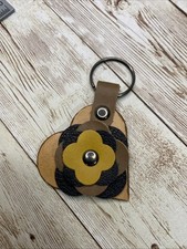 Handmade Black Tan Brown Yellow Heart Real Leather Flower Keychain Key Ring