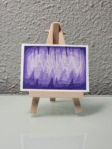 ACEO Original Watercolor Painting Spooky Purple Cave, Bats, ATC KatieBearDesigns