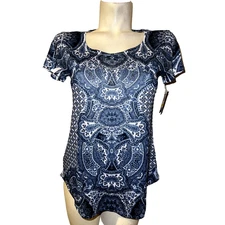 New STYLE & CO. Top Women's Size PM Blue Embellished Bling SS Blouse Shirt NWT