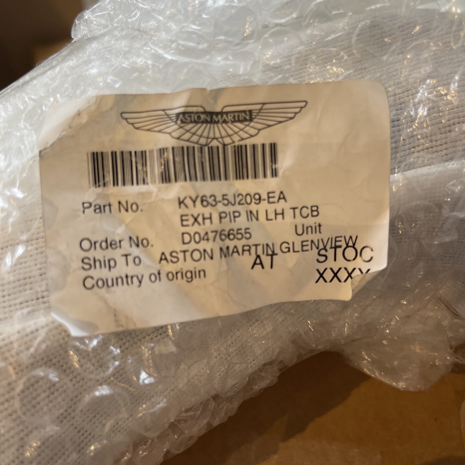 Aston Martin OEM Left Hand Exhaust Inlet Pipe KY63-5J209-EA New