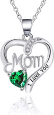I Love You Mom Birthstone Necklace - Silver Heart Pendant Gift for Mother