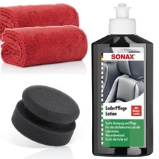 SONAX Lederpflegelotion 250ml + Handpolierschwamm D90mm + Microfasertuch 550 GSM